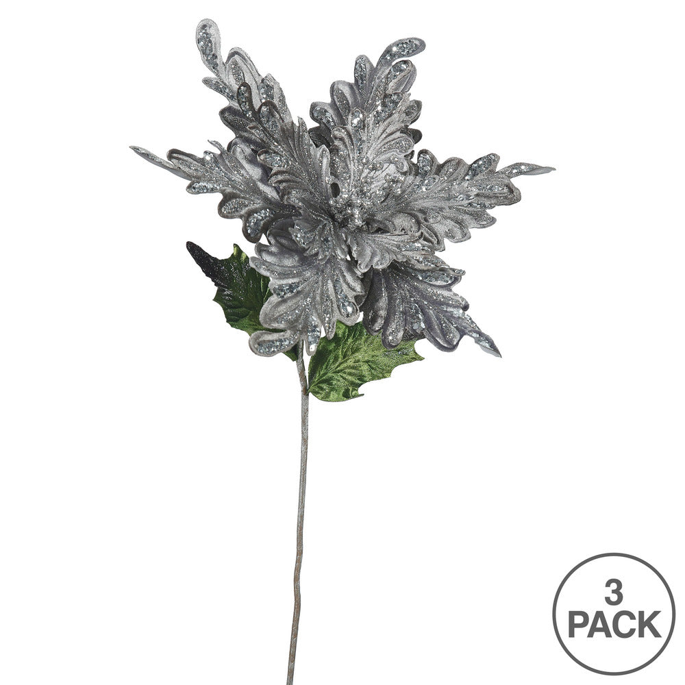Vickerman 31" Pewter Velvet Poinsettia Artificial Christmas Pick 3 per Bag