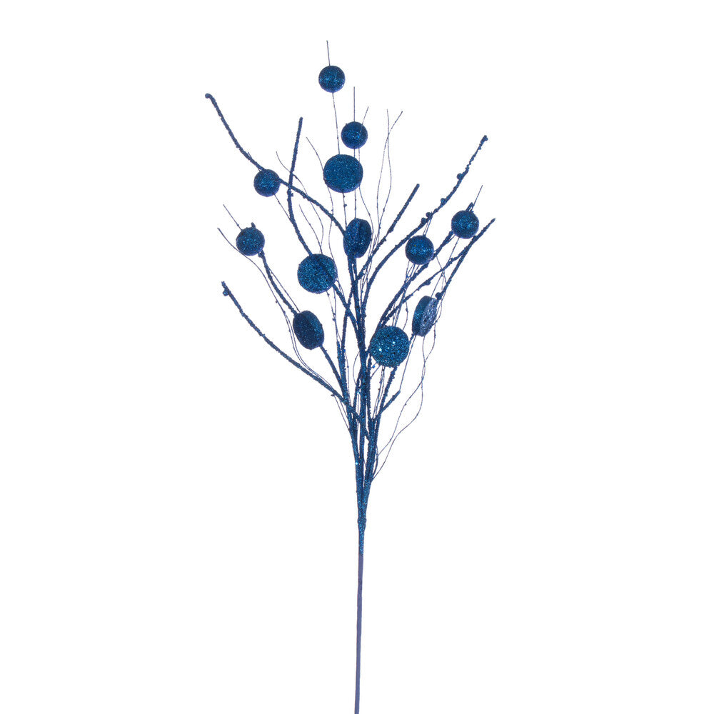 Vickerman 33" Blue Ball and Coin Glitter Twig Spray 6 per bag.