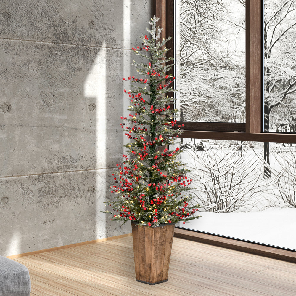 Vickerman 5.5' x 24" Frosted Berry Potted Pine Artificial Christmas Tree Warm White LED Lights