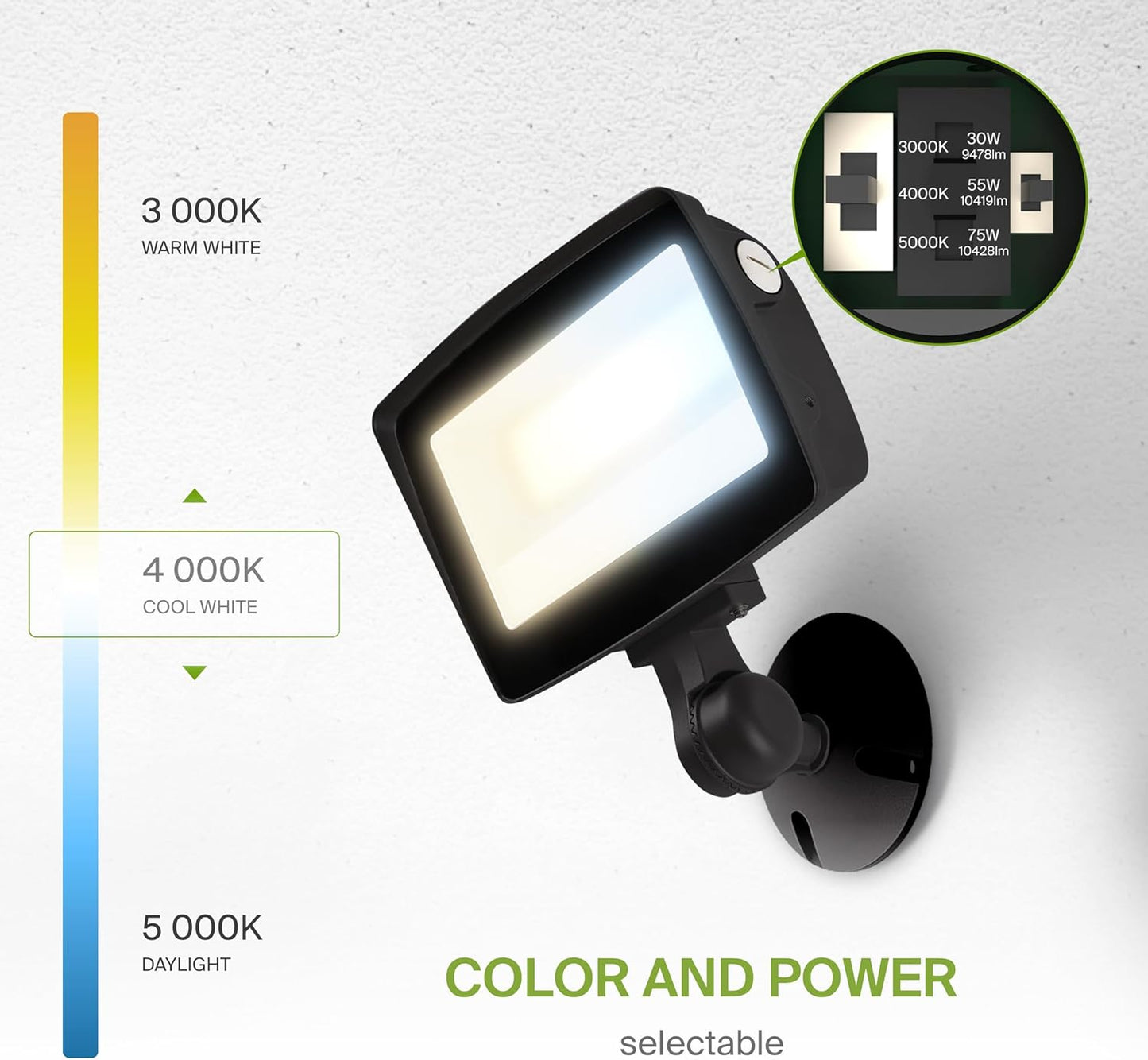 ASD Lighting LED Floodlight with knuckle Power Adjustable 30/55/75W 120-277V CCT Selectable 3000/4000/5000K Black UL DLC Premium