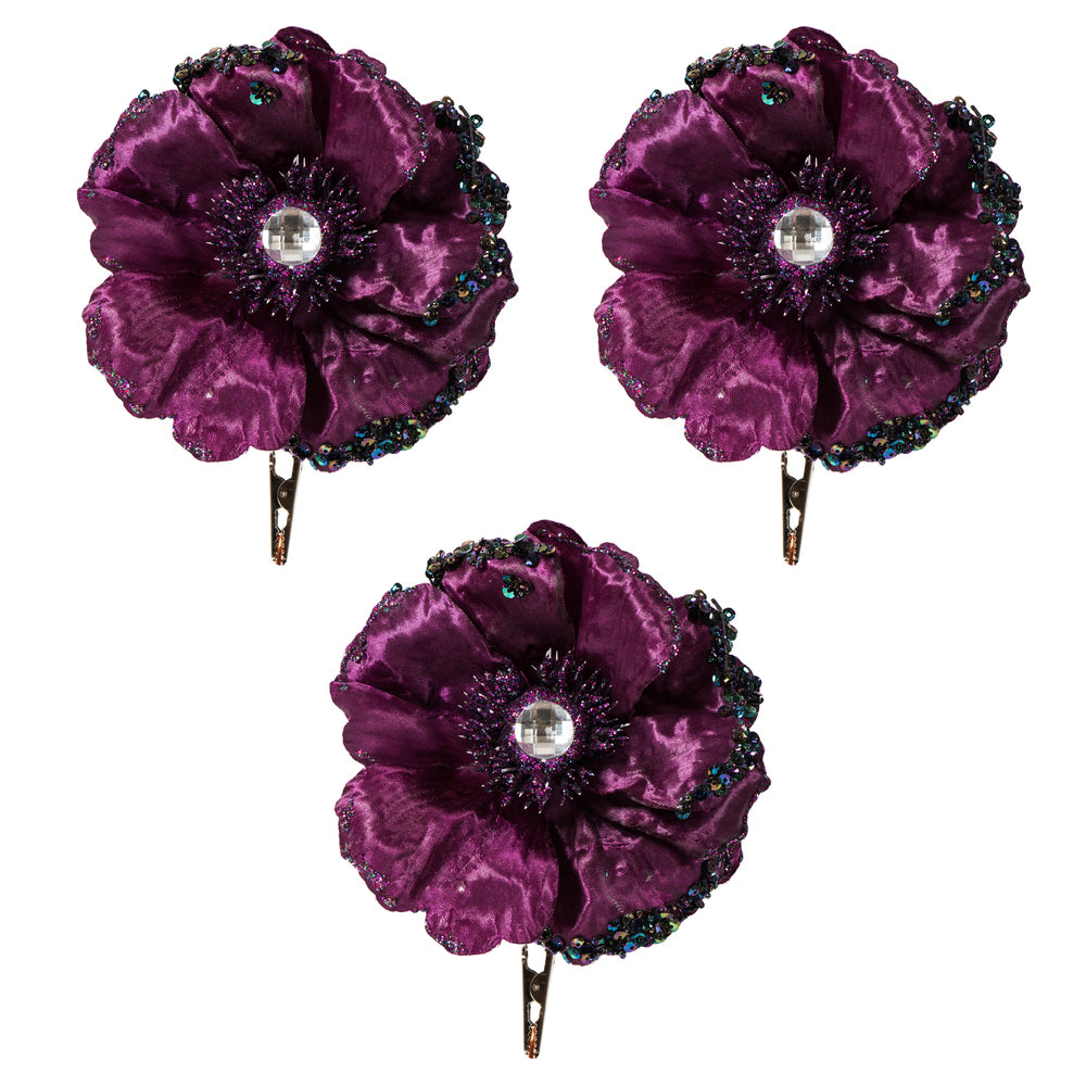 Vickerman 5" Artificial Plum Polyester Wild Poppy Head with Sequin Glitter and Clip pack of 3