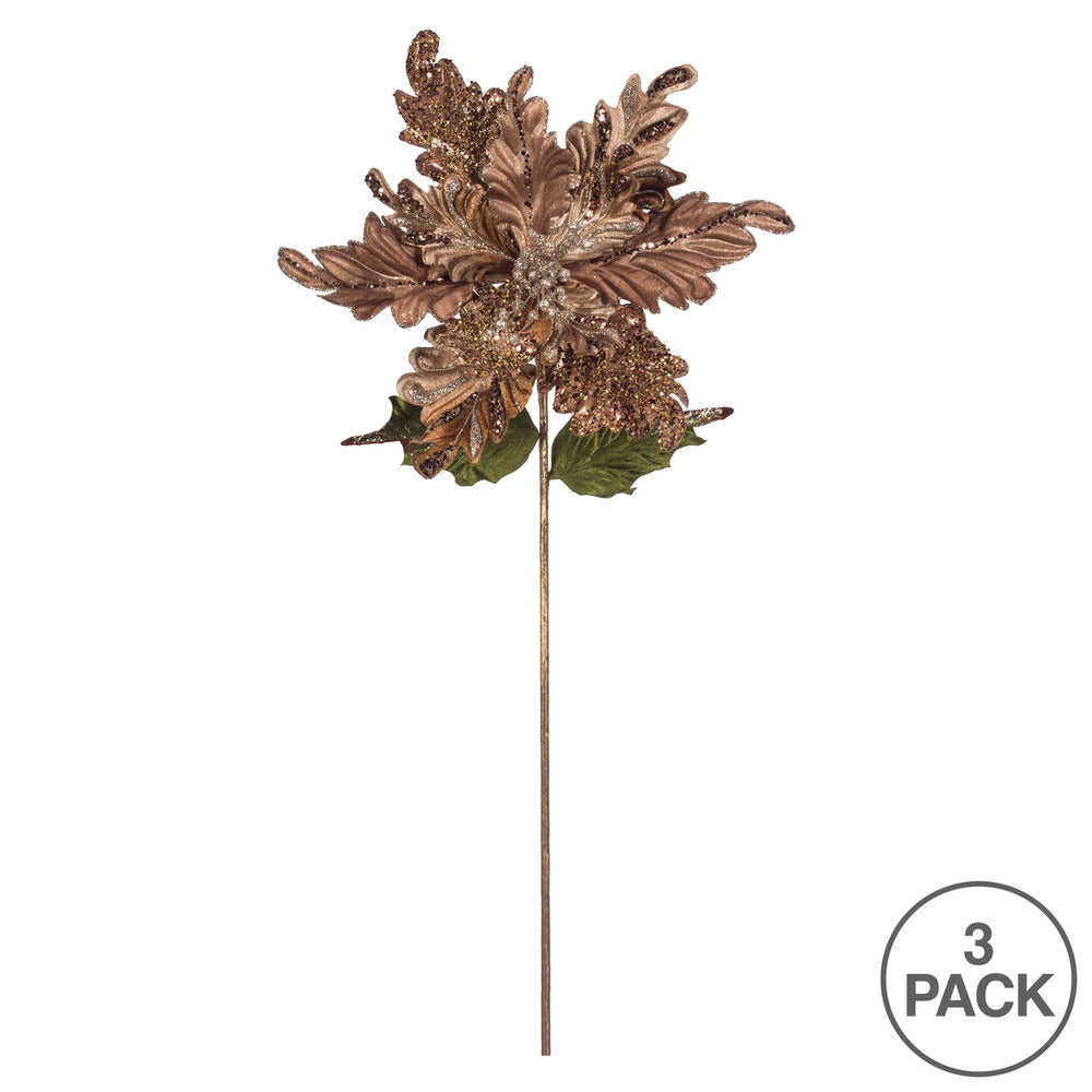 Vickerman 20" Chocolate Glitter Poinsettia Artificial Christmas Stem Pack of 3