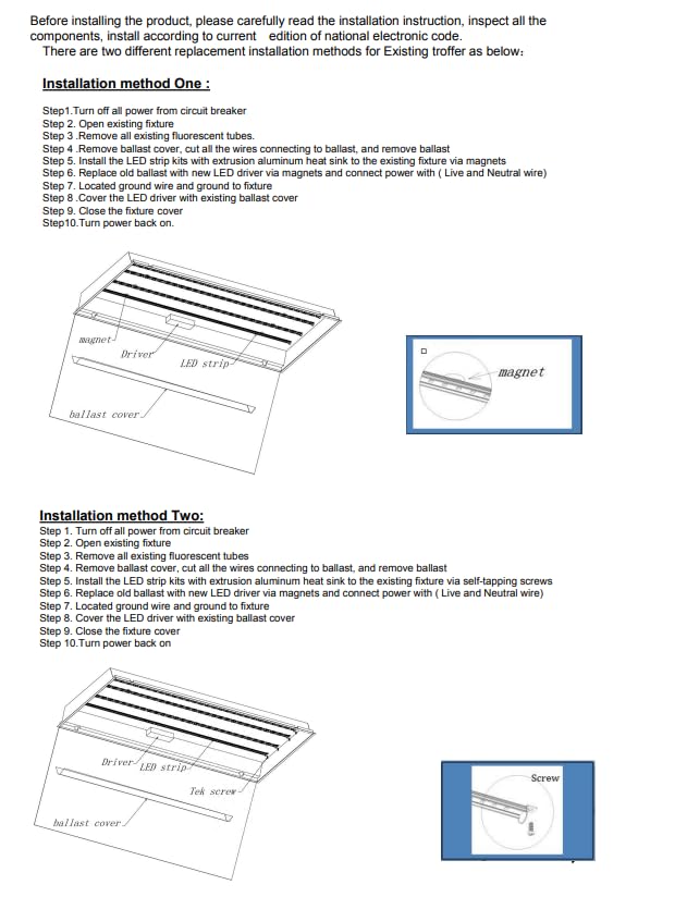 Damar- 4Ft Magnetic LED Troffer Retrofit Kit 40W 5200 Lumens 3000K Soft White Dimmable 110? Beam Angle 100-277V Pack of 2- Fluorescent Replacement Panel Strip Light Easy Install No Tools Required