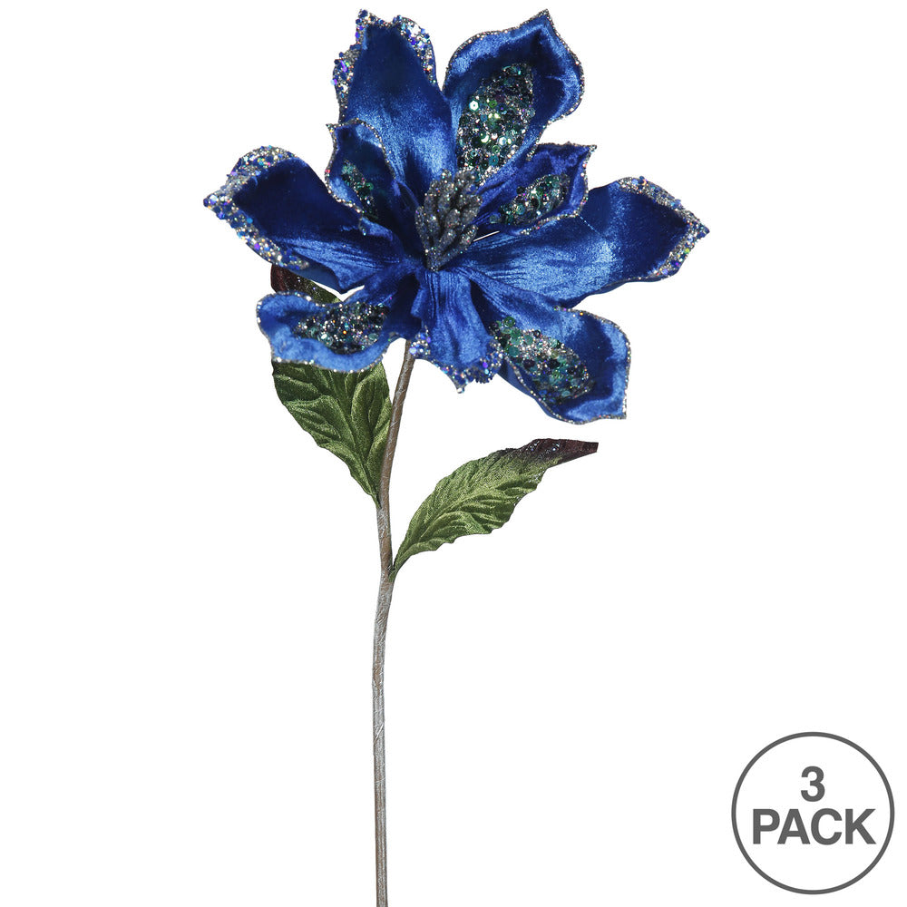 Vickerman 22" Blue Velvet Magnolia Artificial Christmas Pick 3 per Bag