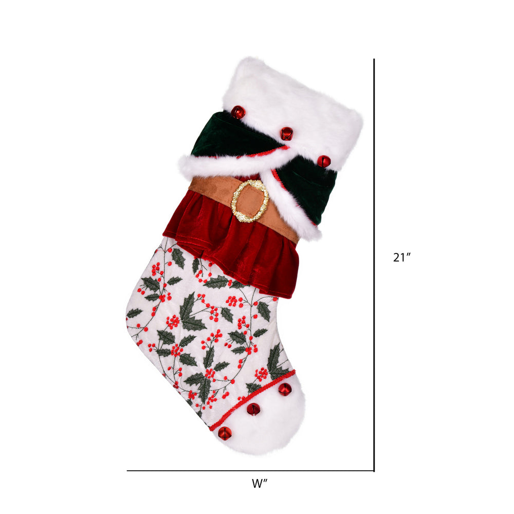 Vickerman 21" Holly Berry Velvet Belt Christmas Stocking