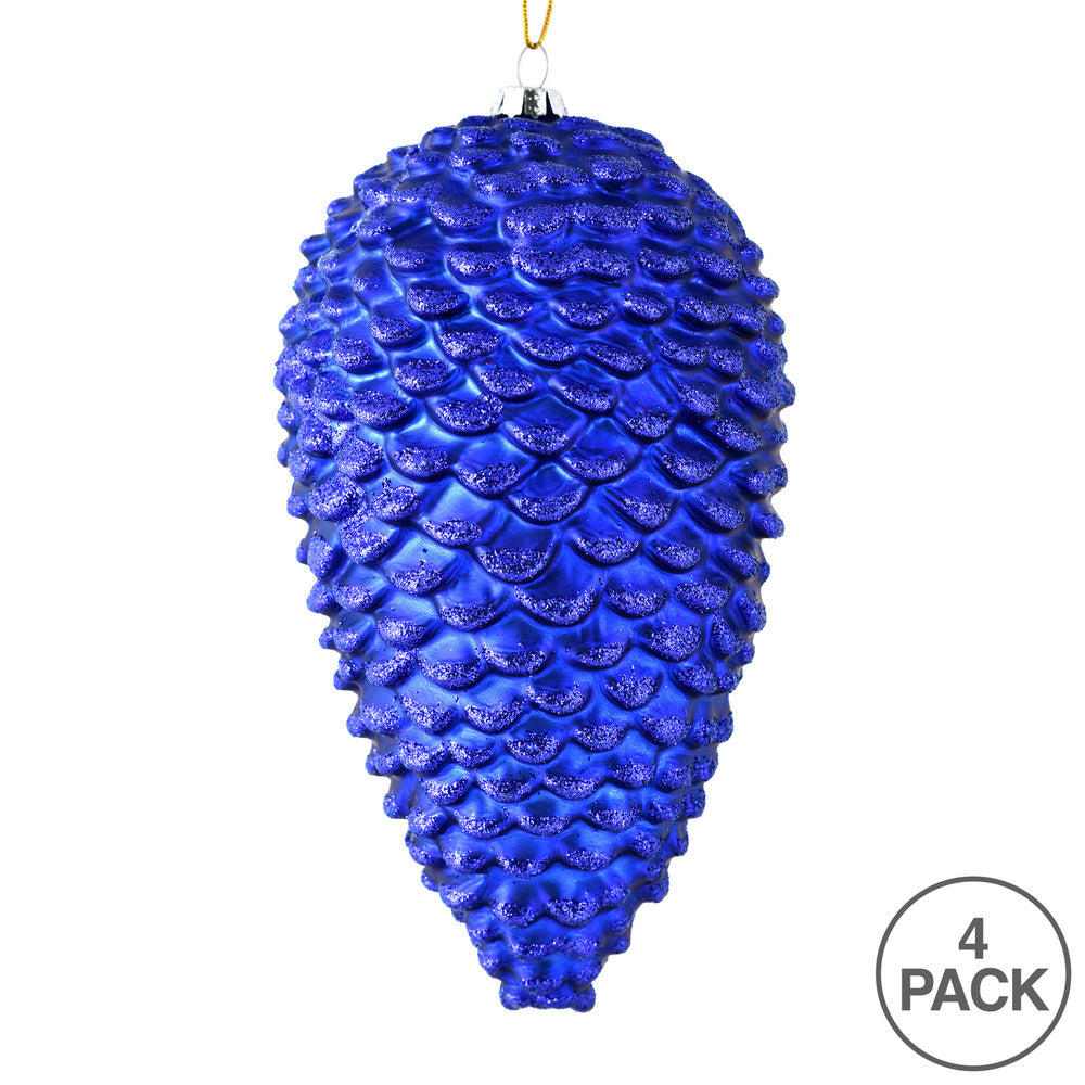 Vickerman 7" Cobalt Blue Matte Glitter Pinecone Christmas Ornament 4 per pack