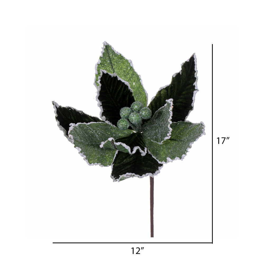 Vickerman 17" Artificial Green Glitter Petal Poinsettia Christmas Stem 5 per bag