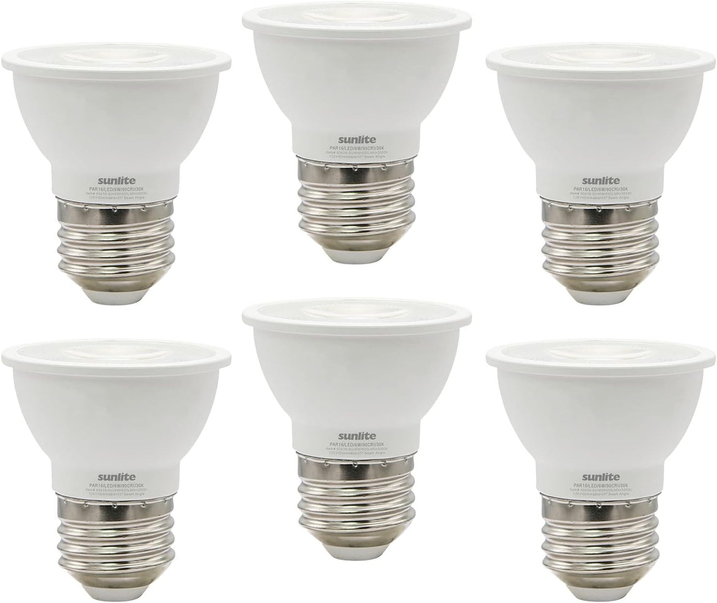 Sunlite 80438 LED PAR16 Short Neck Recessed Flood Light Bulb 6-Watt, (50W Halogen Replacement), 500 Lumens, Medium E26 Base, Dimmable, 90 CRI, ETL Listed, Title 20 Compliant, 3000K Warm White - Pack of 6