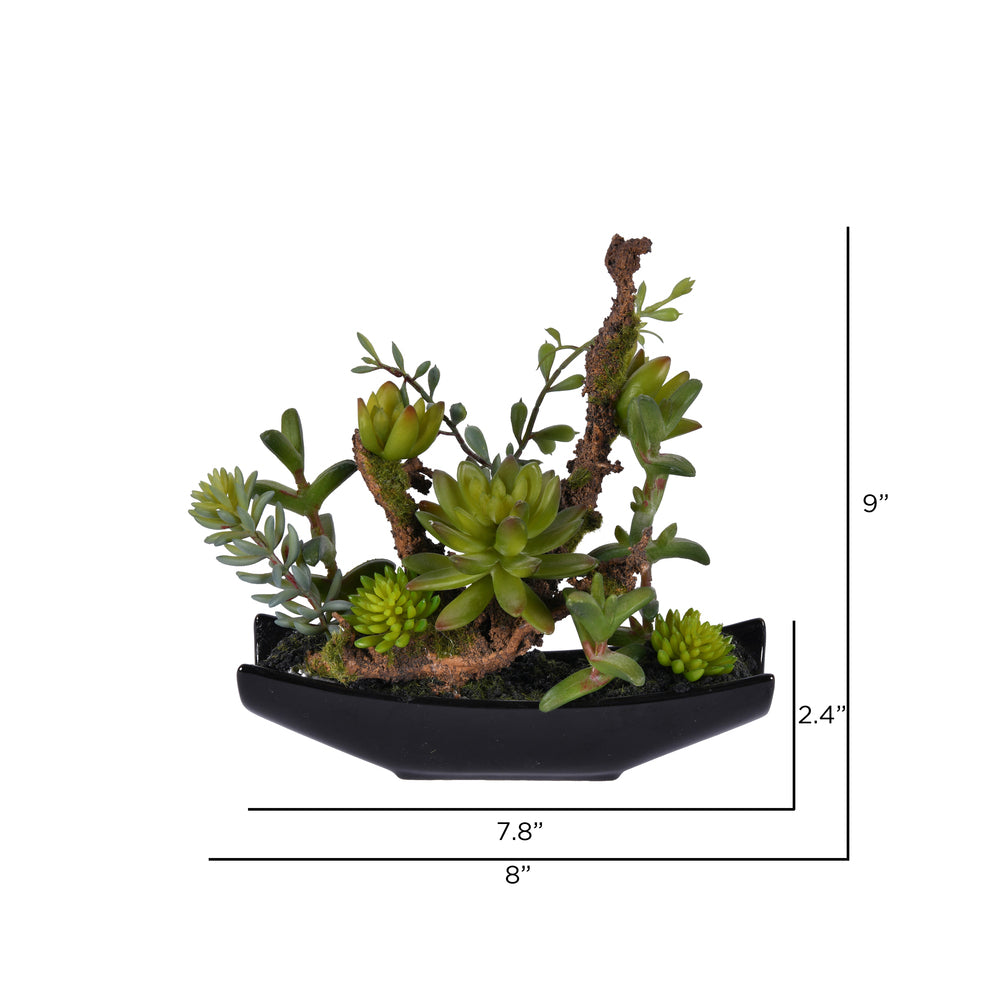 Vickerman 8" Artificial Green Mixed Succulent Ceramic Pot.