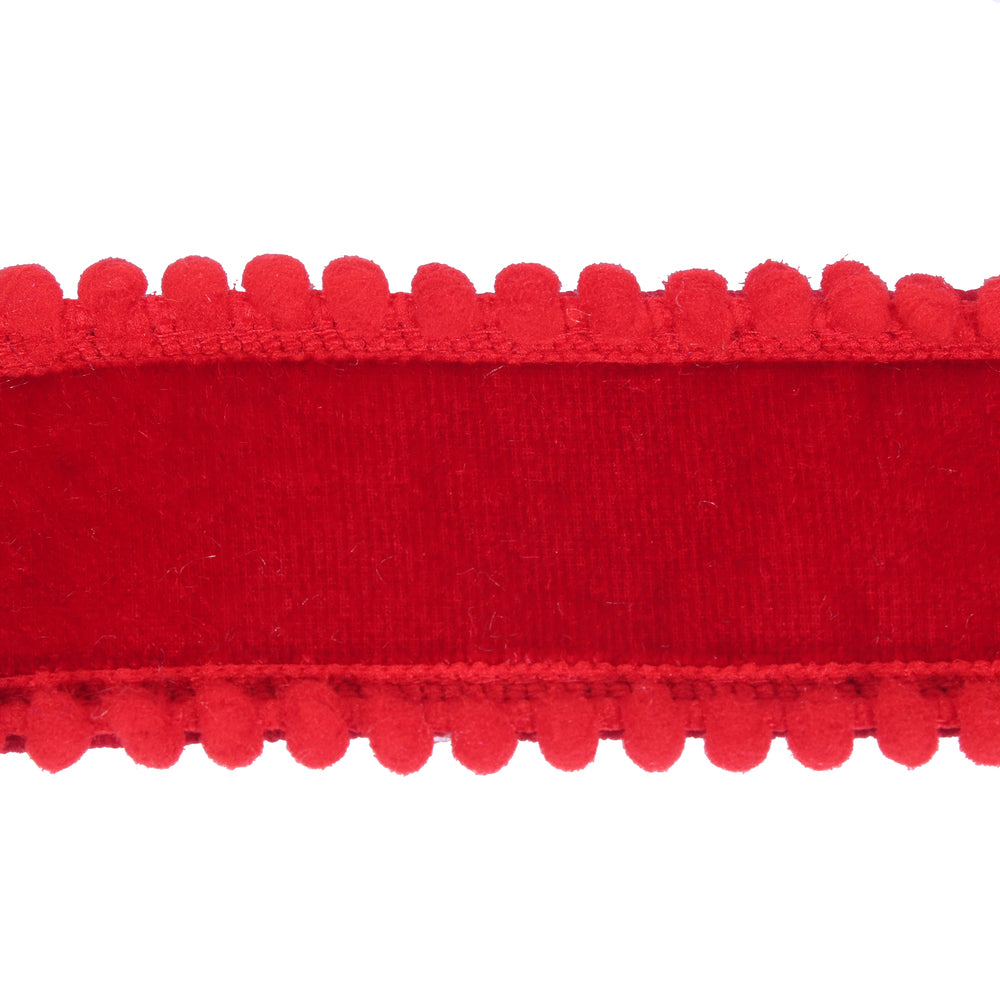 Vickerman 1.5" x 10yd Red Velvet Wired Ribbon with Red Pom Pom Trim. Red Dupion Backing