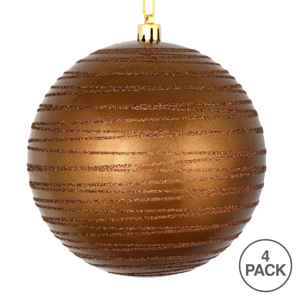 Vickerman 4" Mocha Candy Finish Ball Ornament with Glitter Lines 4 per Bag