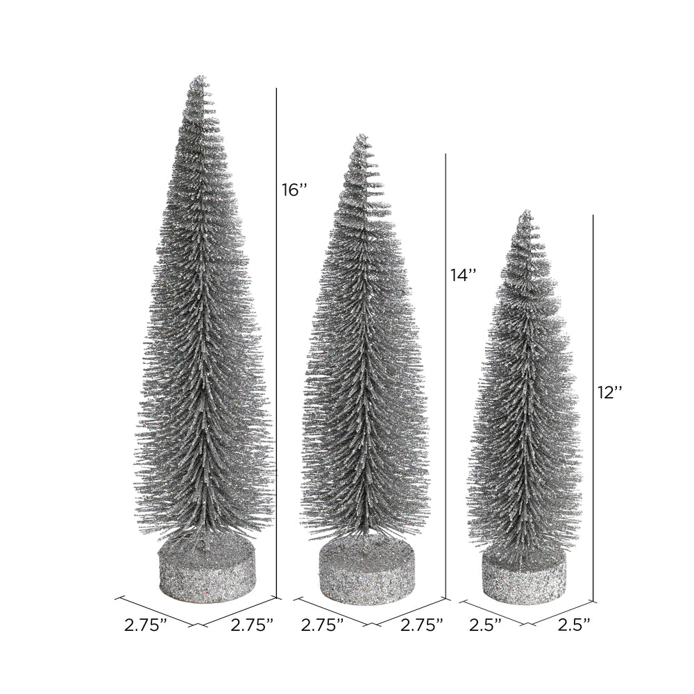 Vickerman 12"-14"-16" Silver Glitter Oval Pine Artificial Christmas Tree Set of 3