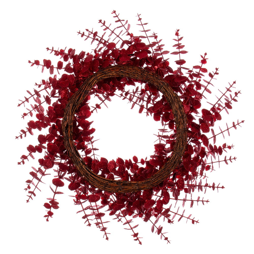 Vickerman 24" Red Artificial Eucalyptus Glitter Wreath.