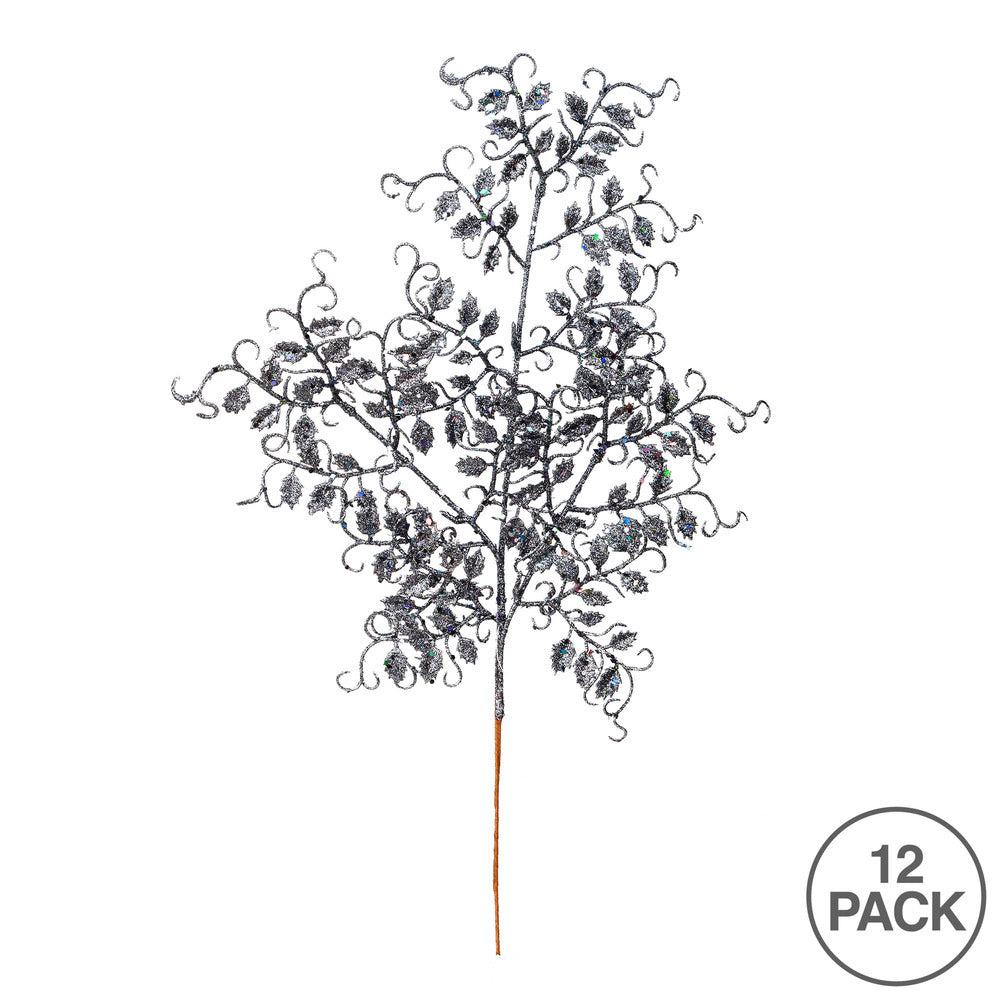 Vickerman 22" Gunmetal Glitter Mini Ruscus Leaf Artificial Christmas Spray. Includes 12 sprays per pack.
