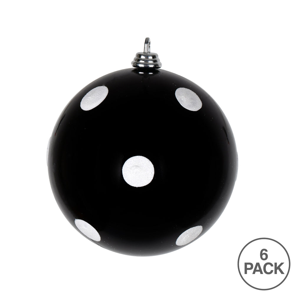 Vickerman 4" Black Candy Finish Ball Ornament with White Glitter Dots 6 per Bag