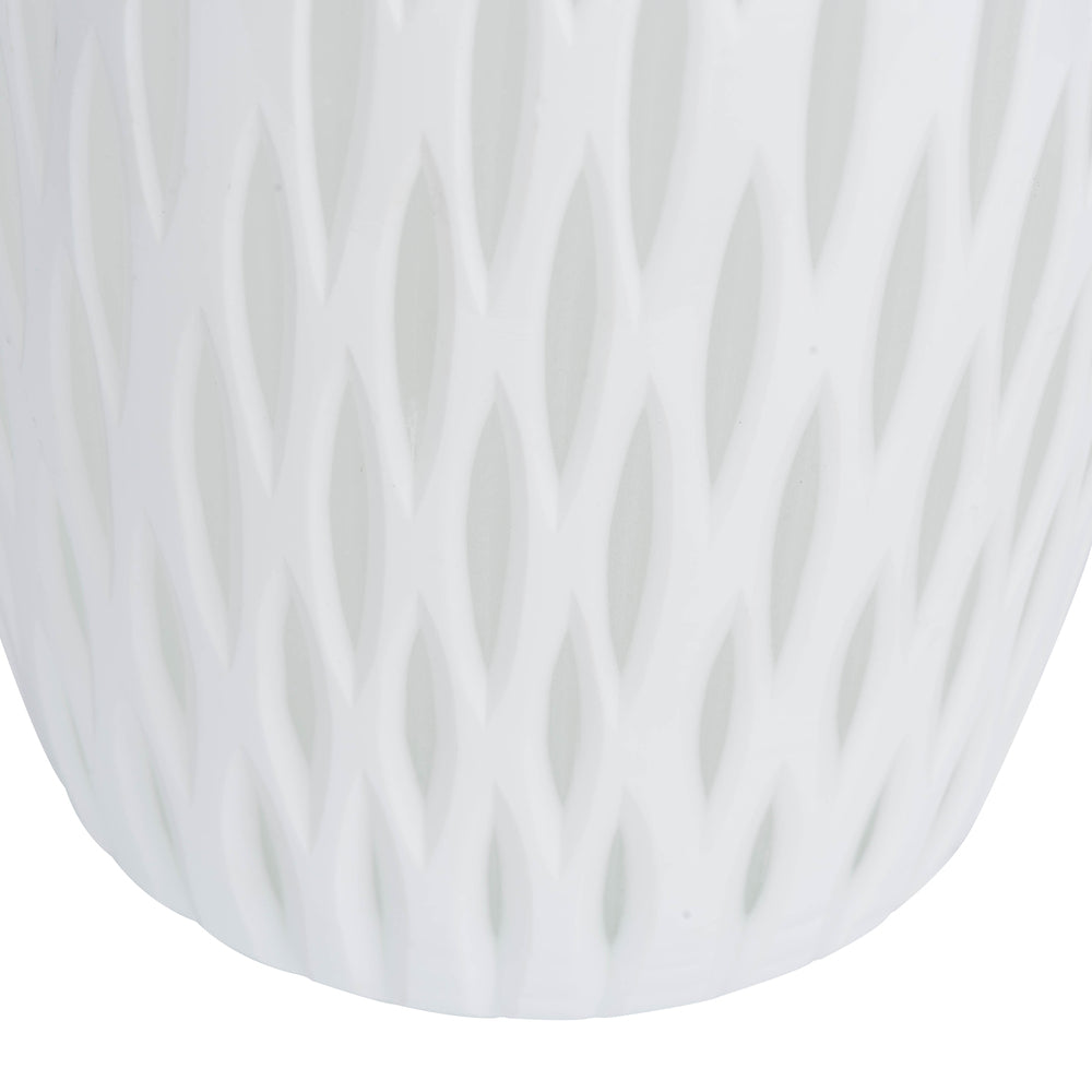 Vickerman 13" White Frosted Glass Vase. This lightly frosted vase is accented with a white diamond pattern. Pair this vase with your favorite faux floral for the perfect finishing touch. Each vase is slightly unique because each piece is hand blown. This