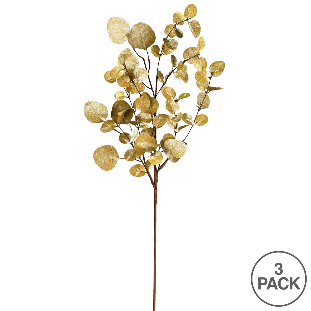 Vickerman 34" Gold Eucalyptus Artificial Christmas Spray. Includes 3 sprays per pack.