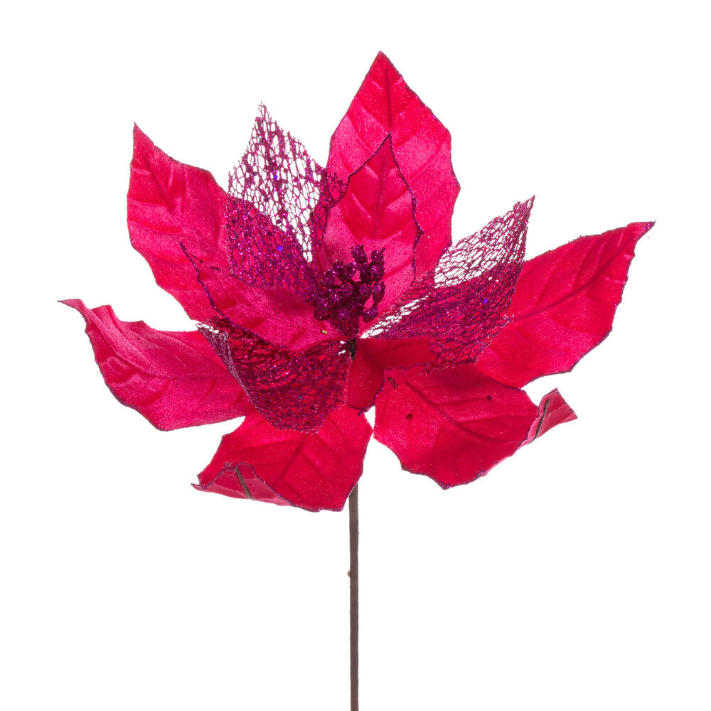 Vickerman 11" Hot Pink Velvet and Glitter Mesh Poinsettia Flower on Stem 6 per bag.