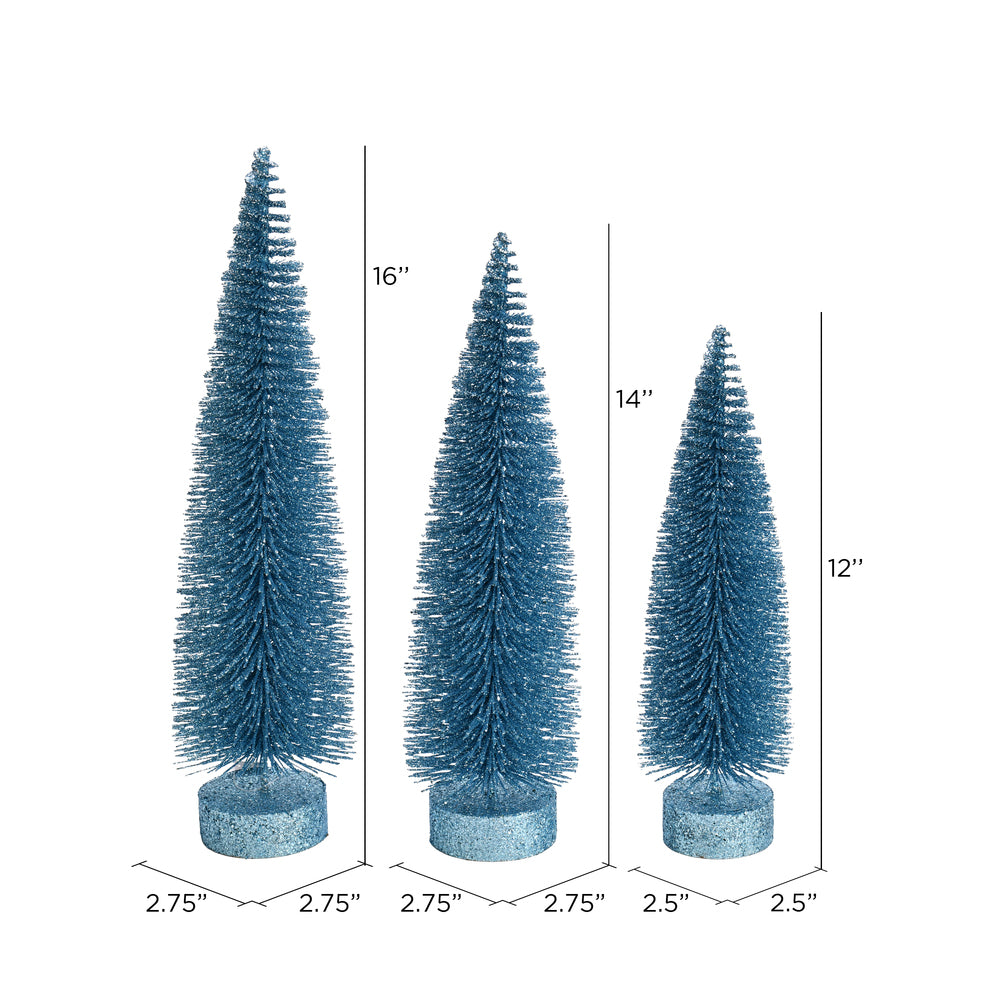 Vickerman 12"-14"-16" Baby Blue Glitter Oval Pine Artificial Christmas Tree Set of 3