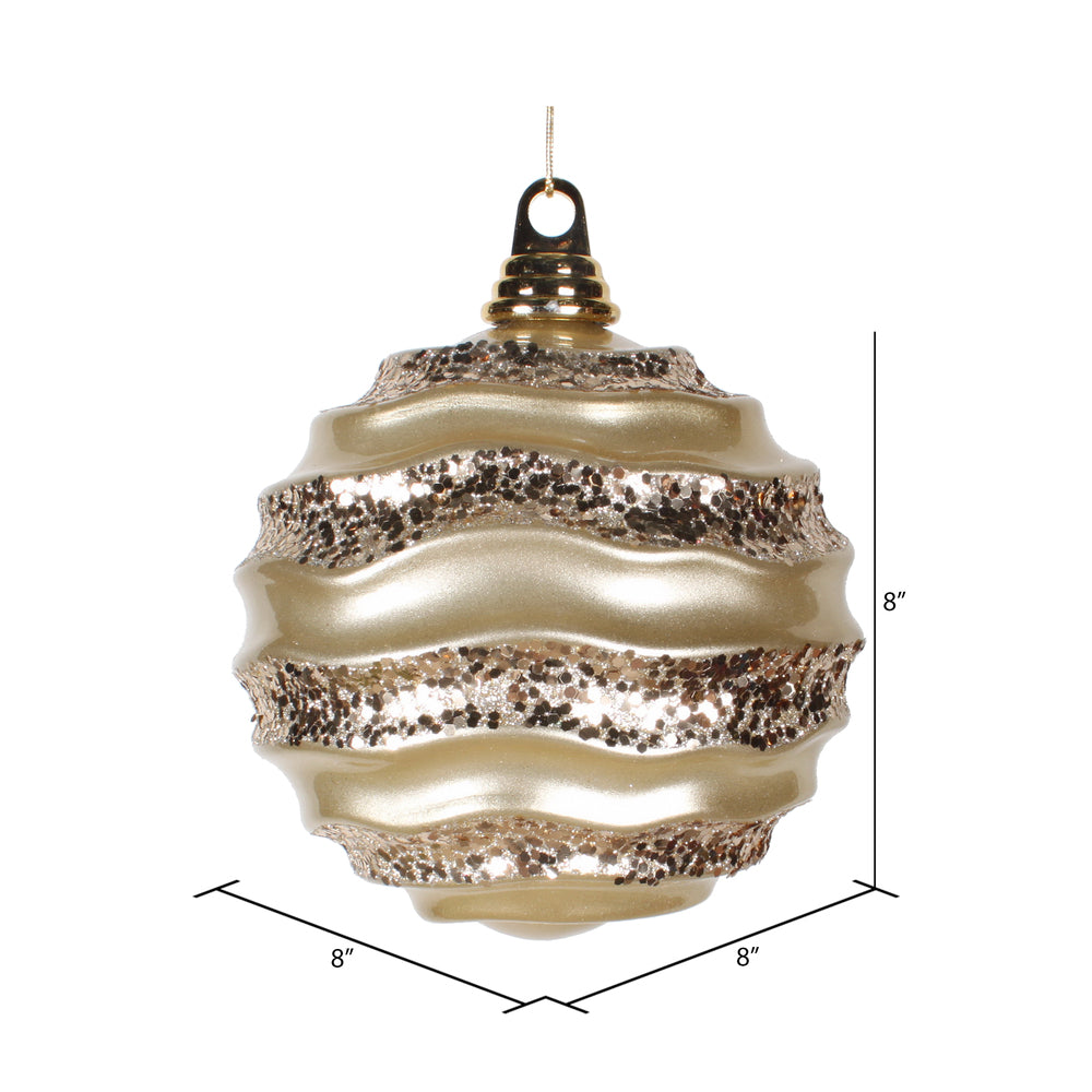Vickerman 8' Champagne Stripe Candy Finish Wave Ball Christmas Ornament with Glitter Accents