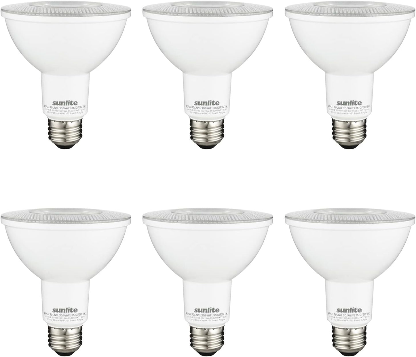Sunlite 80880 LED PAR30 Long Neck Recessed Light Bulb, 9 Watt, (75W EQ), 850 Lm, Medium E26 Base, Dimmable, ETL Listed, 35 Degrees Beam Angle, Energy Star Certified, 2700K Soft White, 6 Pack