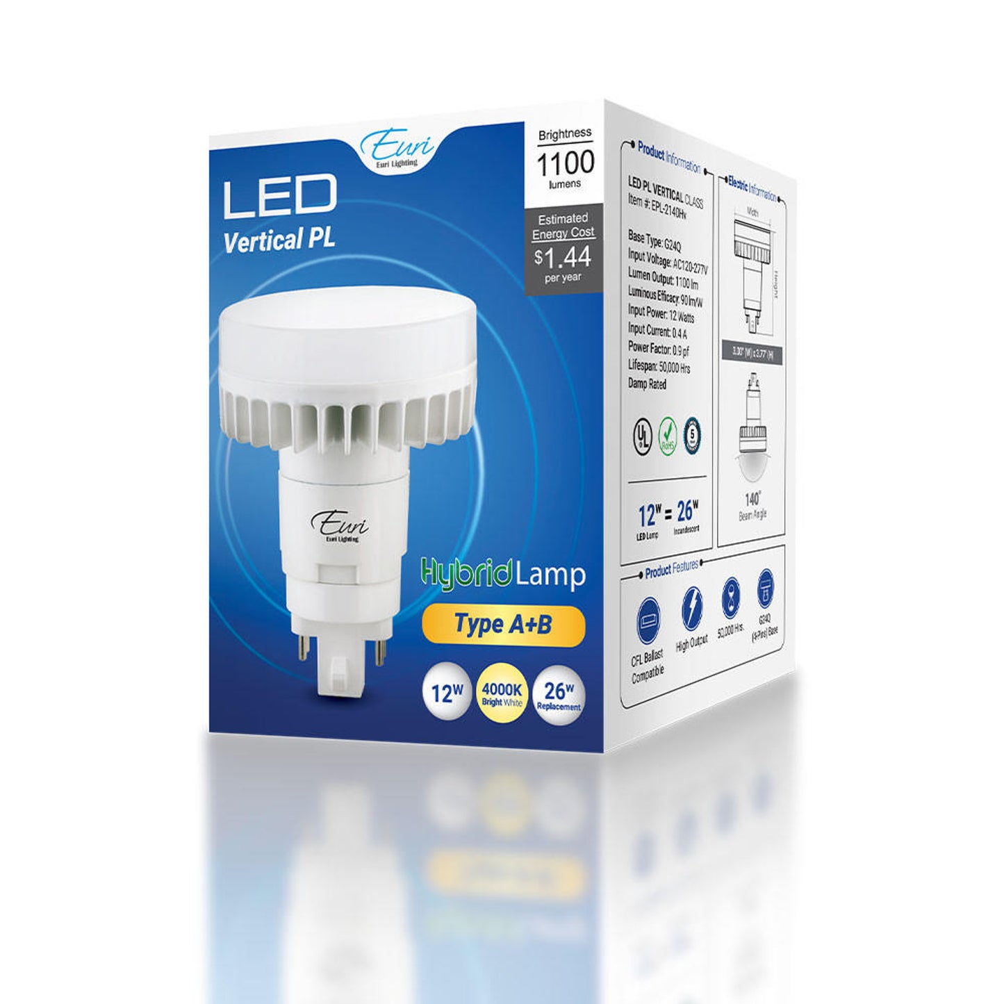 Euri Lighting EPL-2140HV Commercial LED 26-Watt Equivalent Vertical PL Lamp G24Q 4-Pin Hybrid Type A+B - 4000K