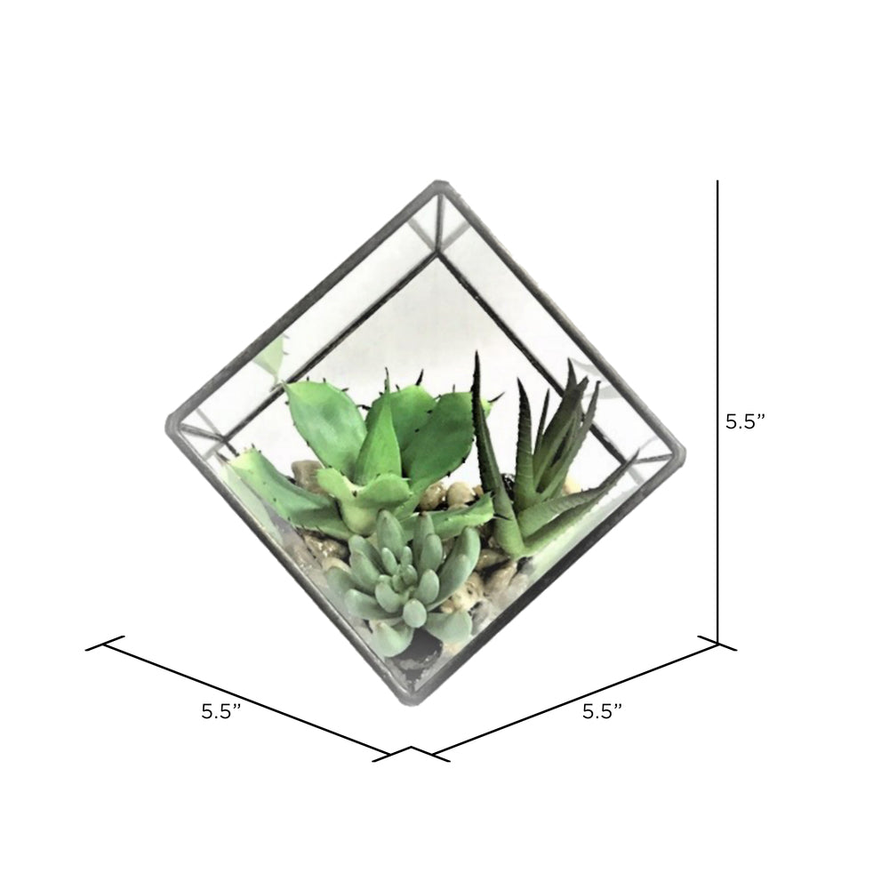 Vickerman 5.5" Artificial Green Succulents Diamond Terrarium.