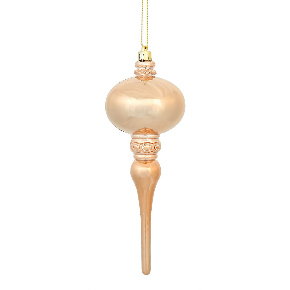 8" x 2.75" Rose Gold Shiny Finial Ornament with drilled and wired caps. Comes 3 per Bag.