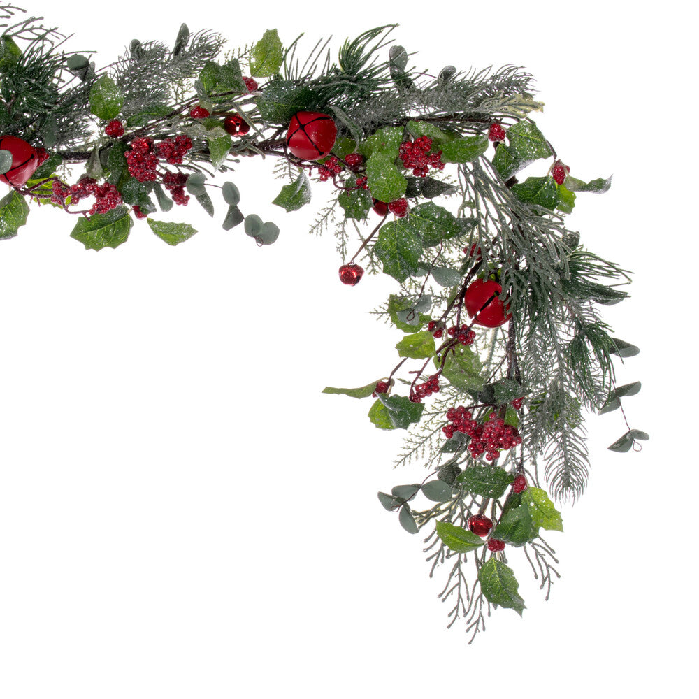 Vickerman 5' Green Artificial Holly Pine and Red Jingle Bell Garland.