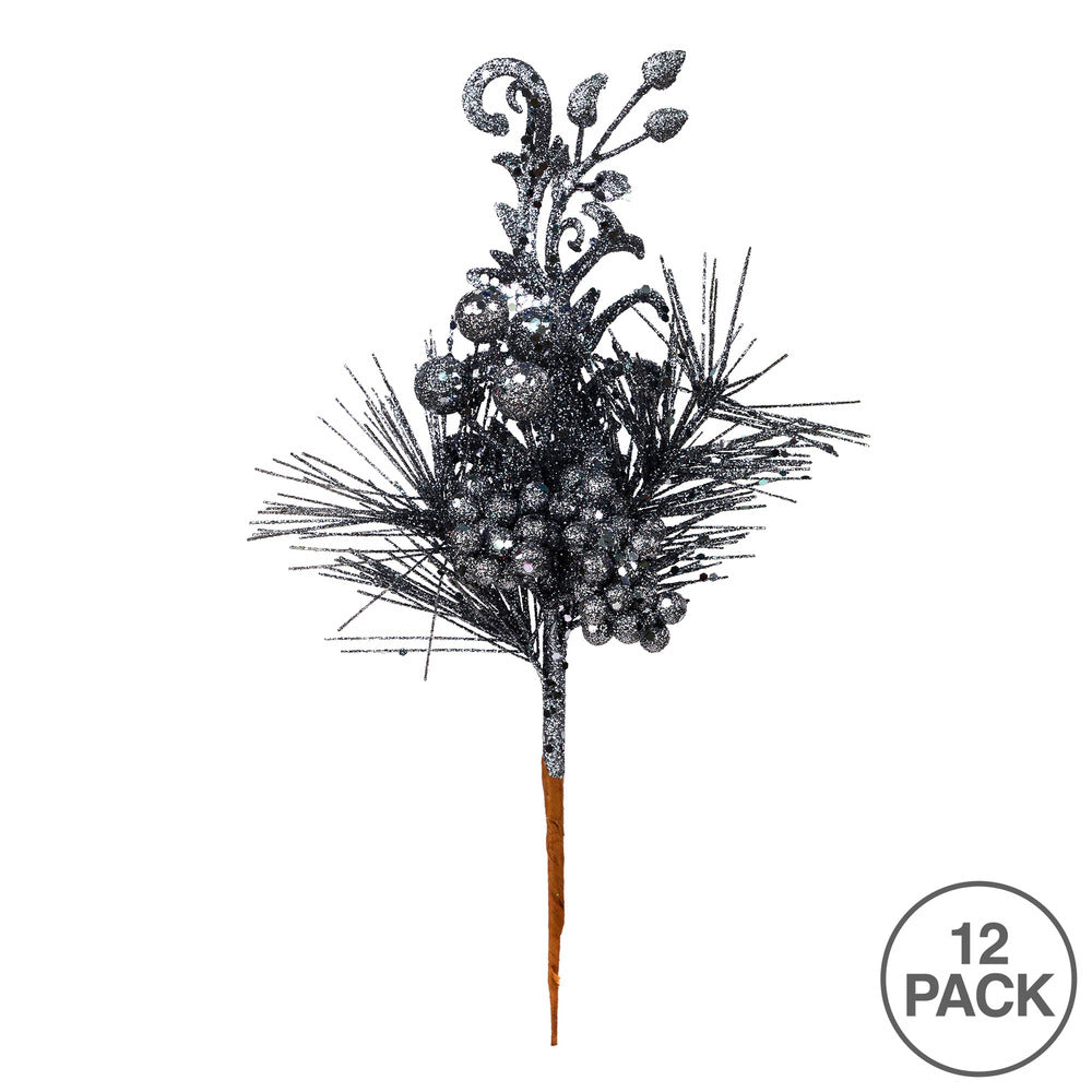 Vickerman 10" Gunmetal Berry Glitter Leaf Artificial Christmas Pick 12 per Bag