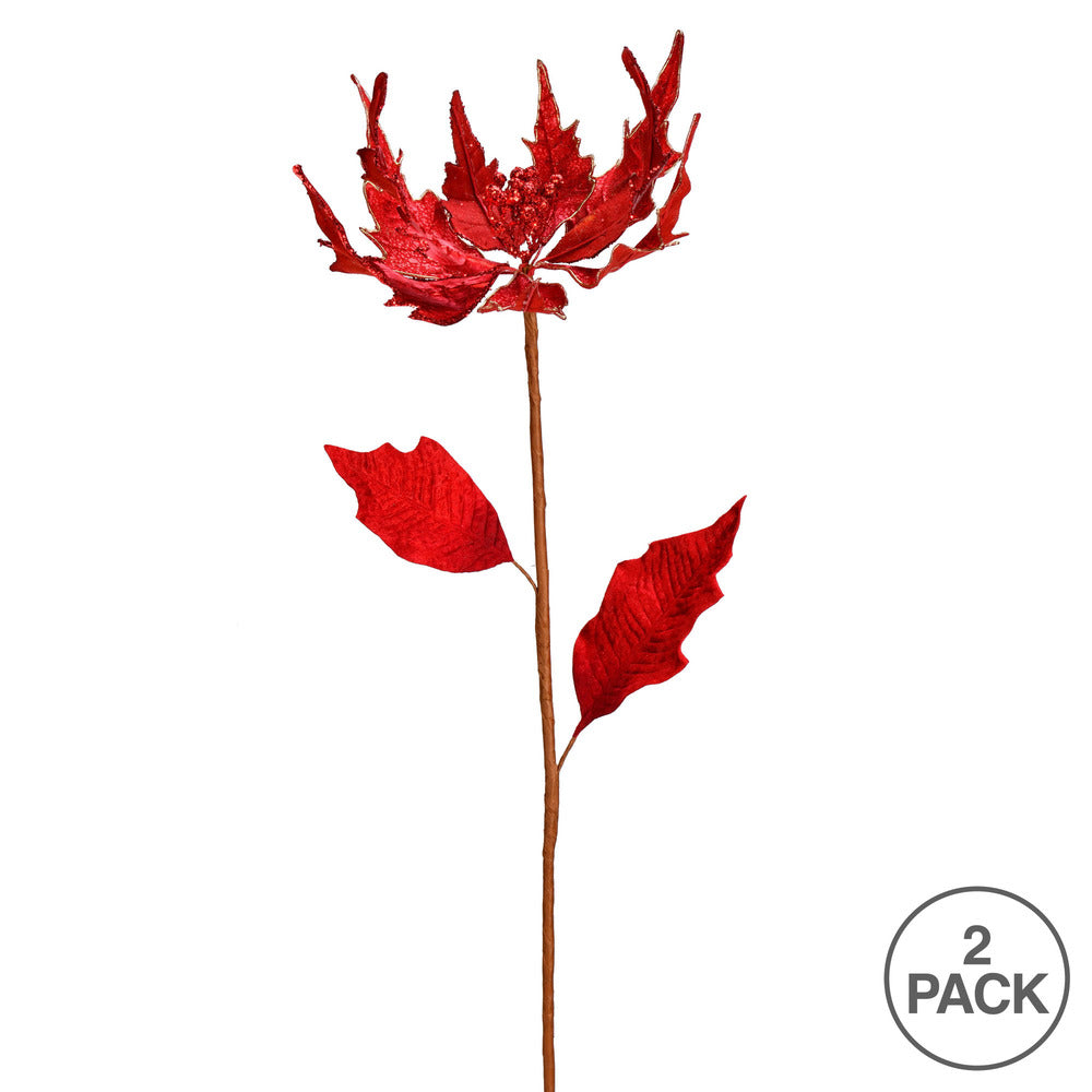 Vickerman 32" Red Glitter poinsettia Artificial Christmas Spray. Includes 2 sprays per pack.