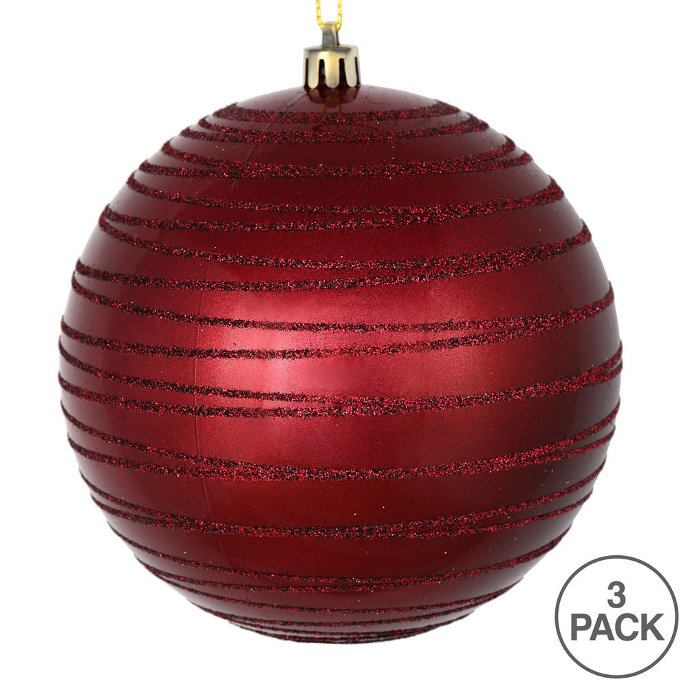 Vickerman 6" Wine Candy Finish Ball Ornament with Glitter Lines 3 per Bag