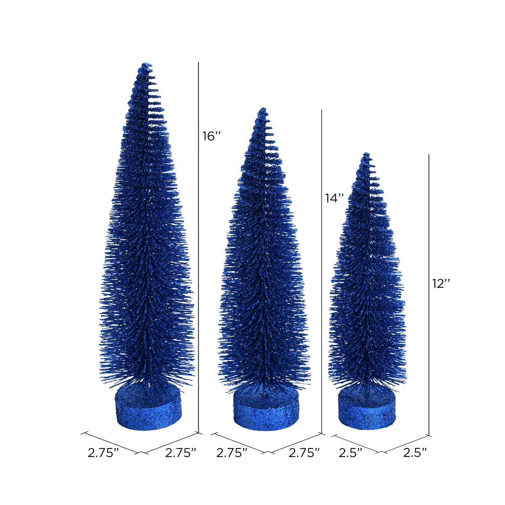 Vickerman 12"-14"-16" Midnight Blue Glitter Oval Pine Artificial Christmas Tree Set of 3