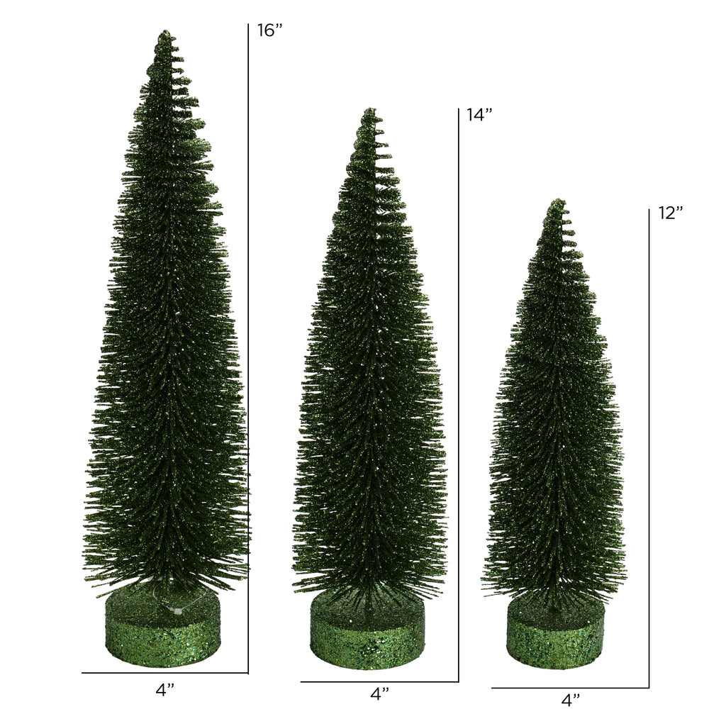 Vickerman 12"-14"-16" Moss Green Glitter Oval Pine Artificial Christmas Tree Set of 3