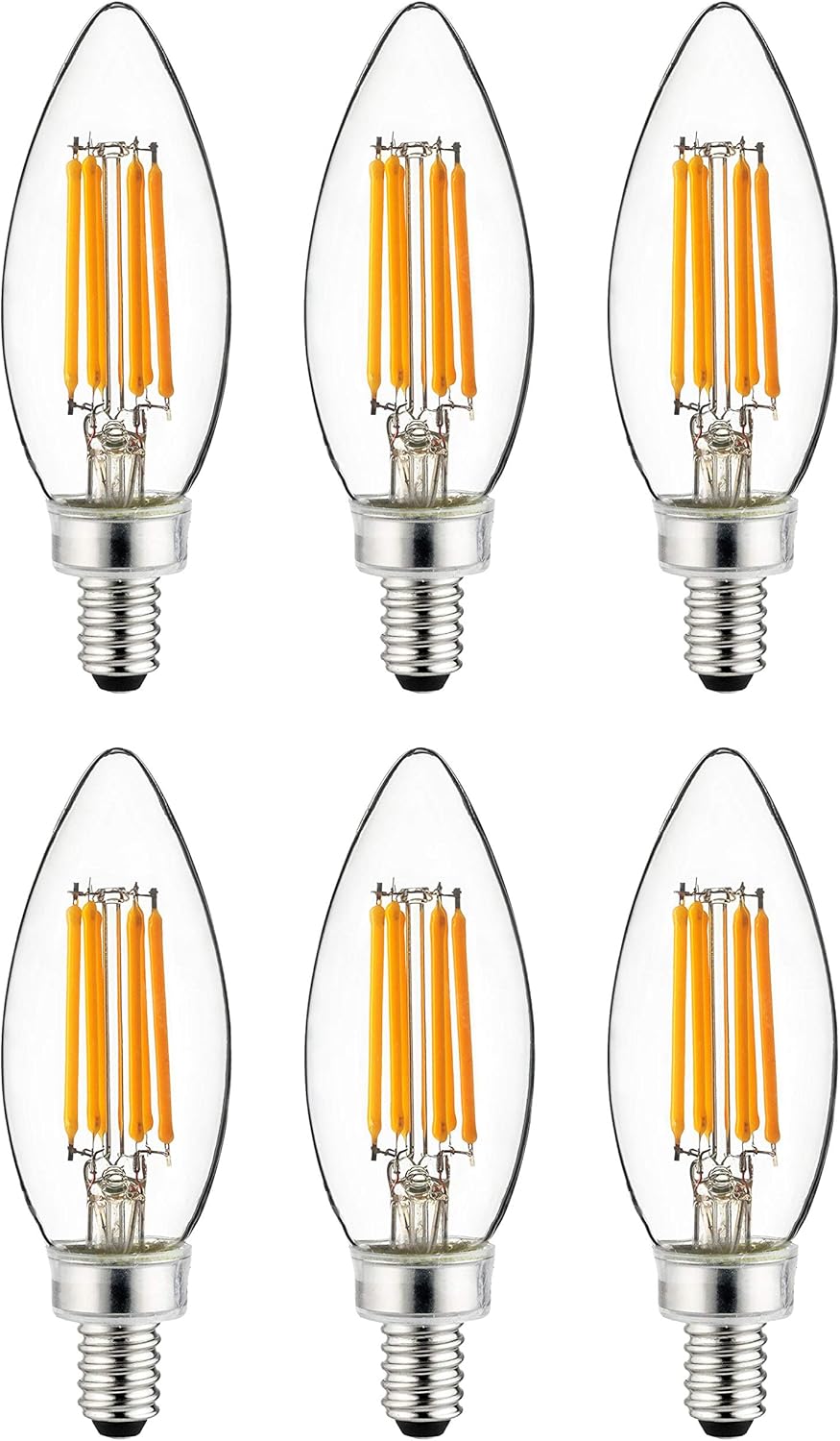 Sunlite 40956 LED Filament B11 Torpedo Tip Chandelier Light Bulb, 5 Watts (60 W Equivalent), 600 Lumens, Candelabra E12 Base, Dimmable, UL Listed, 3000K Warm White, 6 Pack