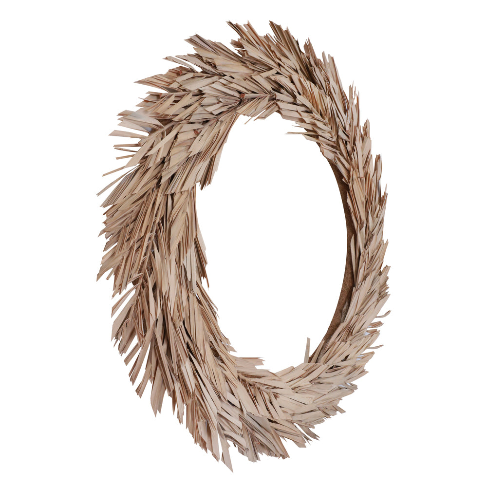 Vickerman Natural Botanicals 24" Bleached Canna Leaf Wreath. This wreath measures 24 inches in diameter. It features bleached canna leaves on a coco fiber base. This is a dried and preserved natural product.