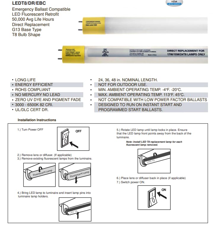 Damar- 4Ft T8 LED Fluorescent Retrofit Tube Light Bulb Direct Replacement Emergency Ballast Compatible 17W 2200 Lumen 3000K Soft White G13 Bi-Pin Base 220? Beam Angle 120-277V Pack of 10-for Garage