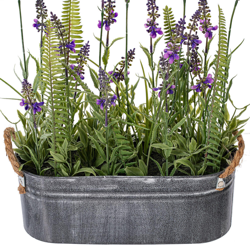 Vickerman 16" Artificial Lavender Flower Fern in Iron Pot.