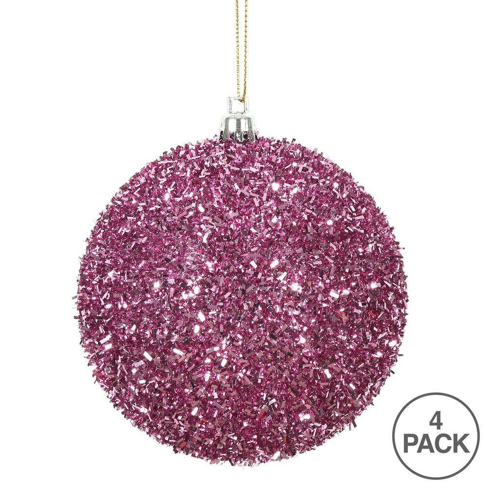 Vickerman 4" Pink Tinsel Ball Ornament 4 per Bag