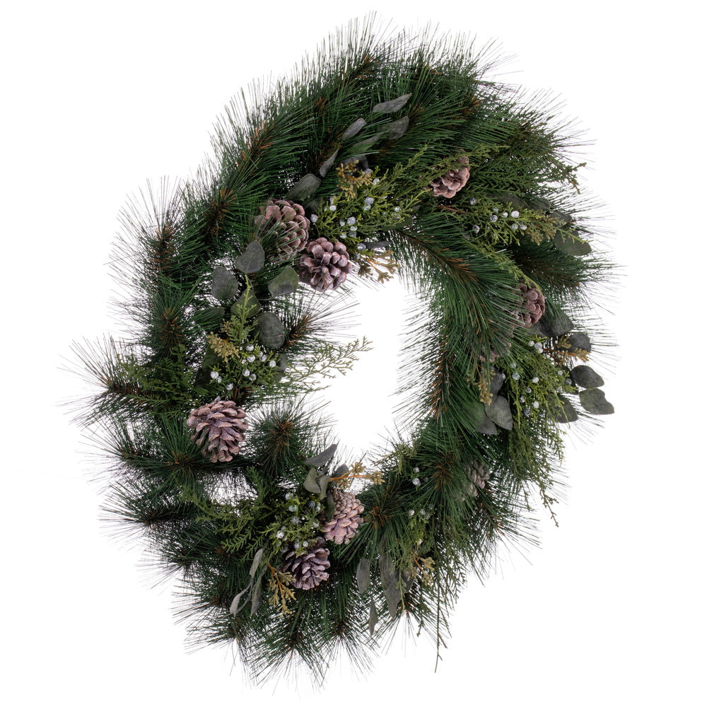 Vickerman 30" Artificial Long Leaf Pine with Seeded Cedar Eucalyptus Foliage and Pinecones Wreath