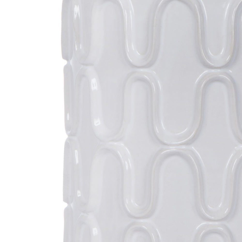 Vickerman 12" White Ceramic Container with Lid. This versatile container can pair with faux floral stems or stand as a simple decorative piece with the lid. It measures 12" H x 6.5" W. 100% CERAMIC