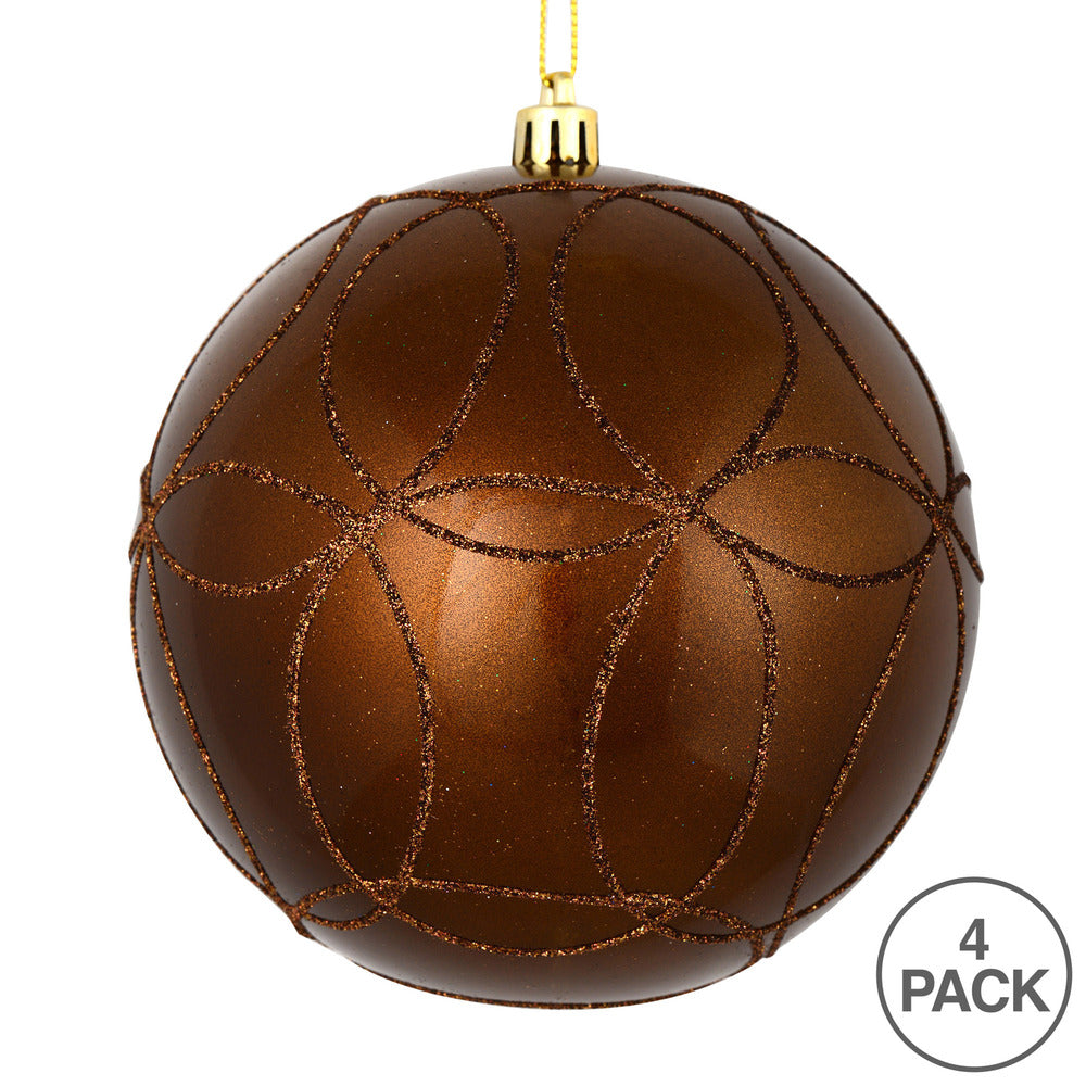 Vickerman 4" Mocha Candy Finish Ornament with Circle Glitter Pattern 4 per Bag