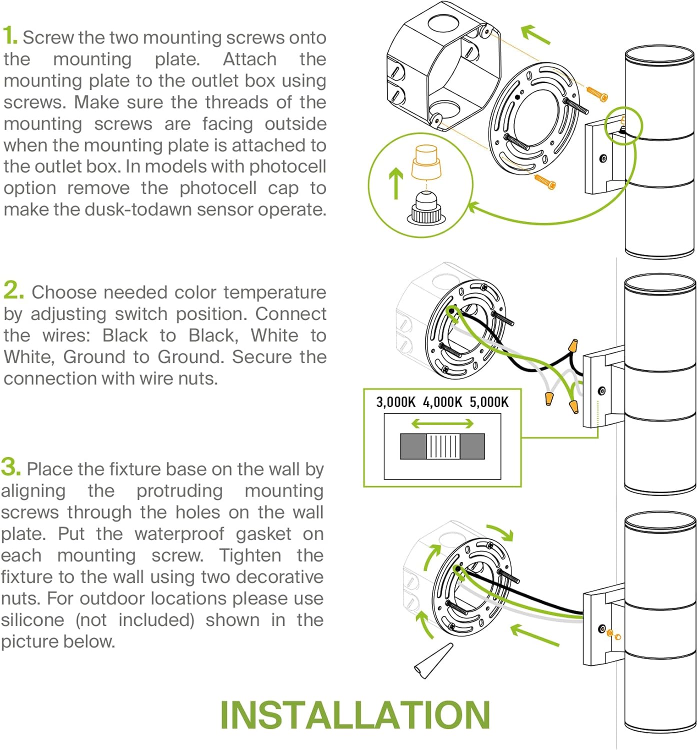 ASD Lighting LED Round Outdoor Wall Cylinder 9W 120V CCT Selectable 3000/4000/5000K with Photocell Black ETL 2pack