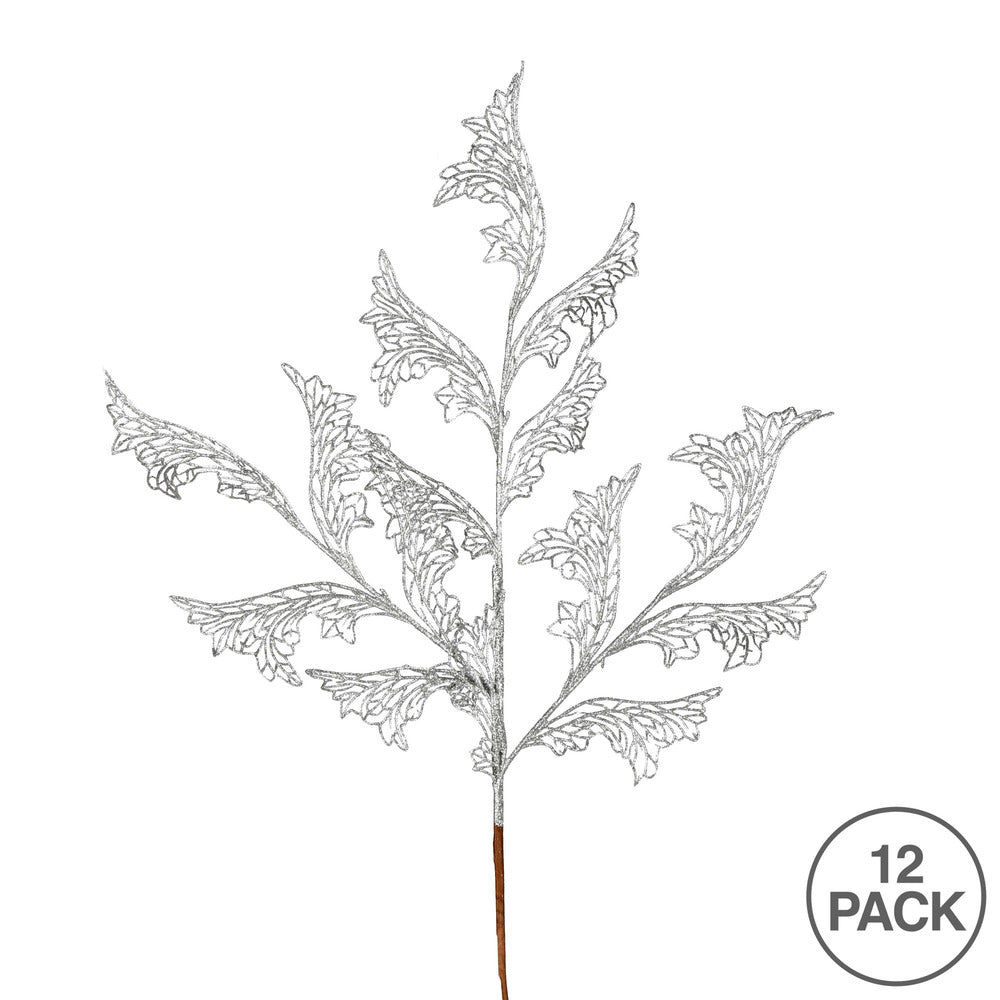 Vickerman 27" Silver Glitter Coral Bells Leaf Lace Artificial Christmas Spray. Includes 12 sprays per pack.