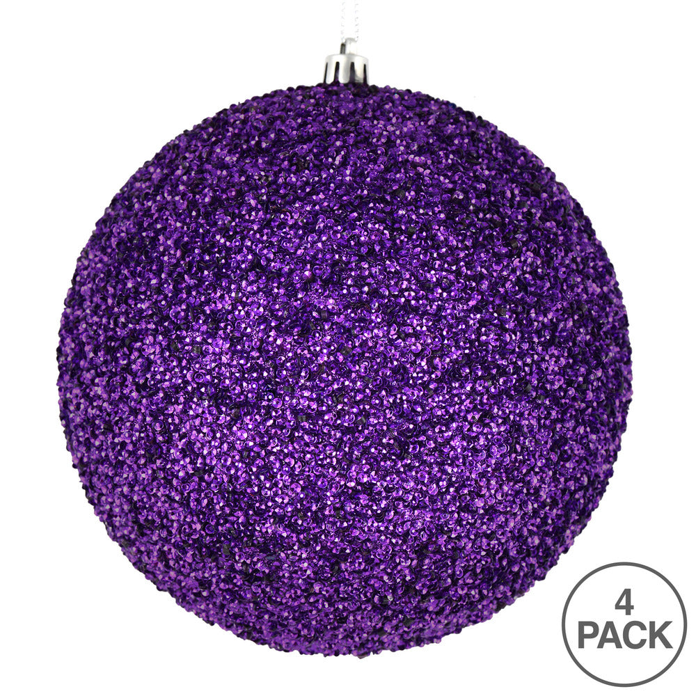 Vickerman 6" Plum Beaded Ball Ornament 4 per Bag