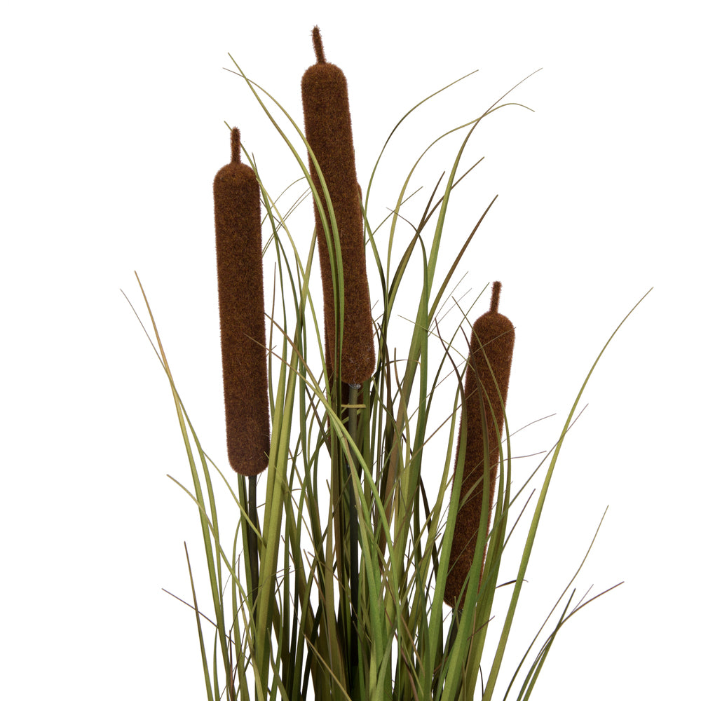 Vickerman 36" Artificial Potted Green Grass with Cattails in Iron Pot.