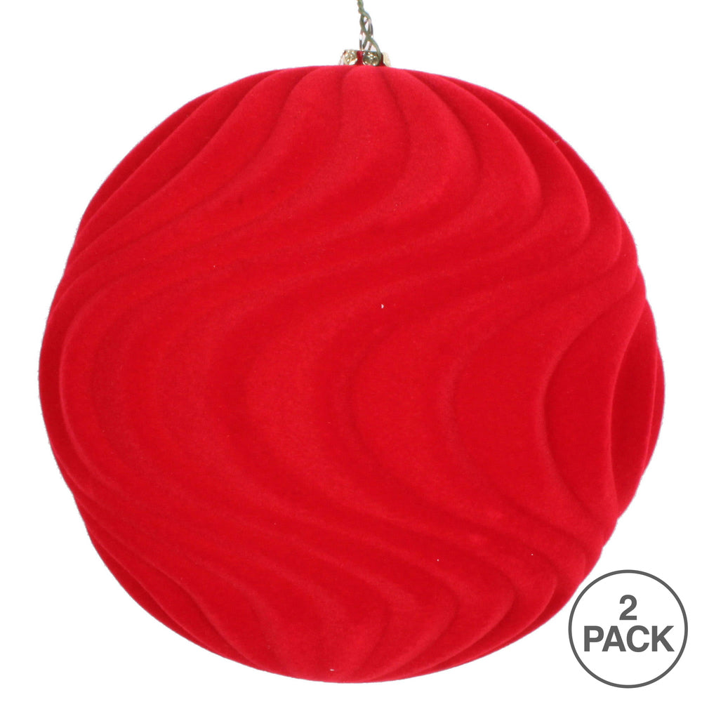 Vickerman 6" Red Flocked Wave Ball Ornament 2 per Bag