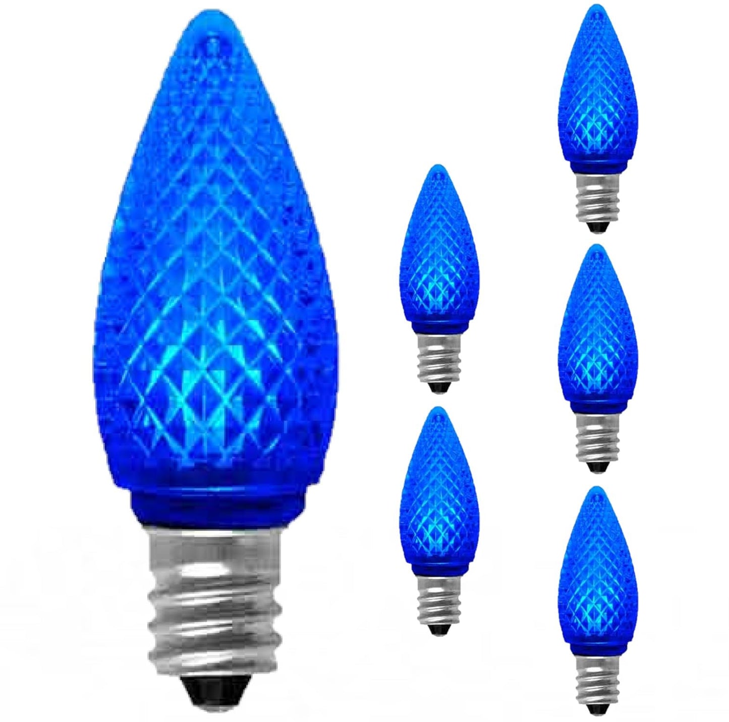 Damar- C7 LED Replacement Christmas Light Bulbs Transparent Faceted Blue Color 0.96W E12 Candelabra Base 100-130V Dimmable Pack of 6- Shatterproof String Lights for Patio Holiday Party Decor
