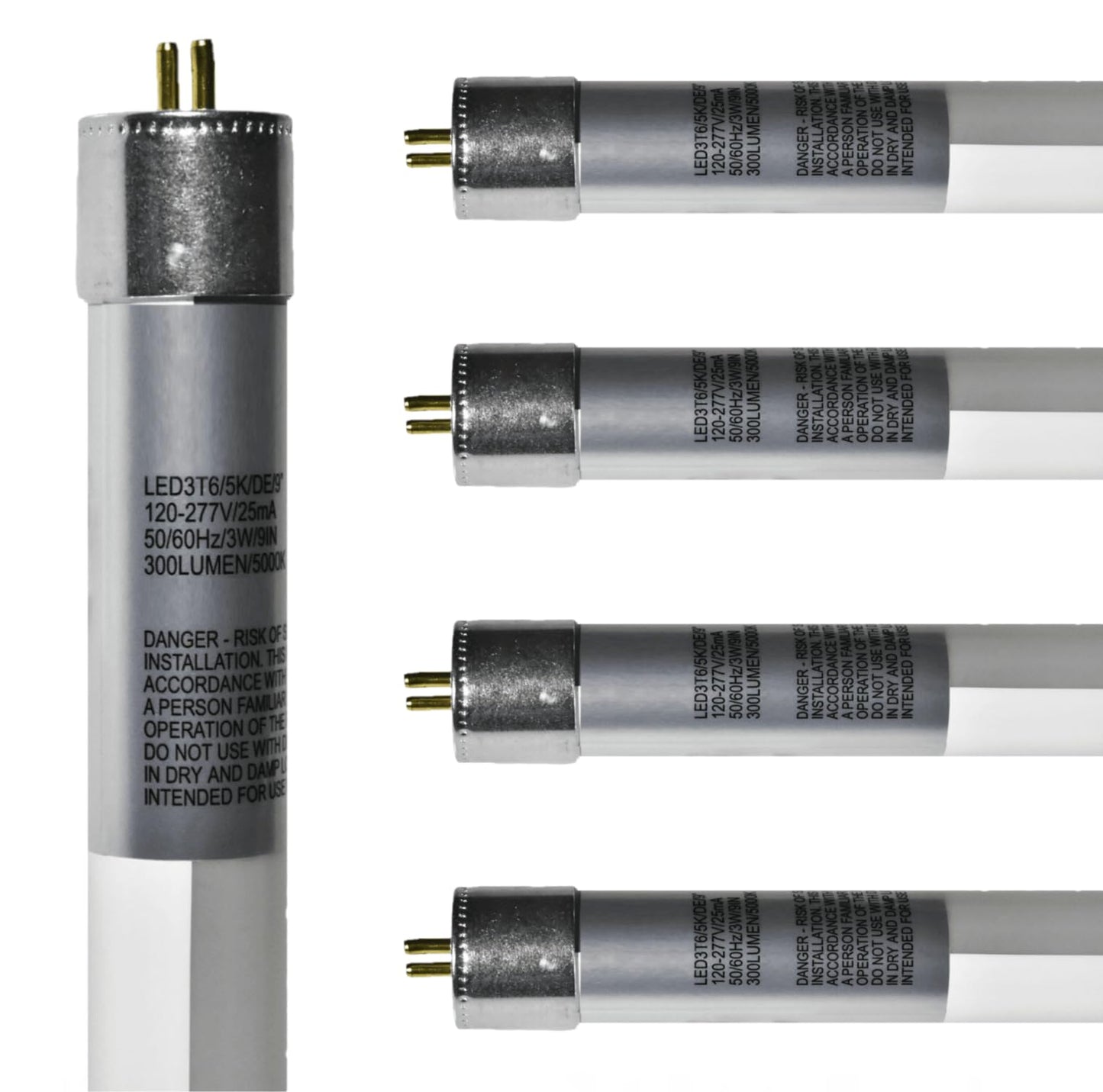 Damar- 9-Inch T6 LED Tube Light with Safe Shield Sleeve Type B Dual Ended Ballast Bypass 3W 300 Lumen 5000K Bright White G5 Miniature Base 120-277V UL Listed Pack of 5- Fluorescent Replacement Tube