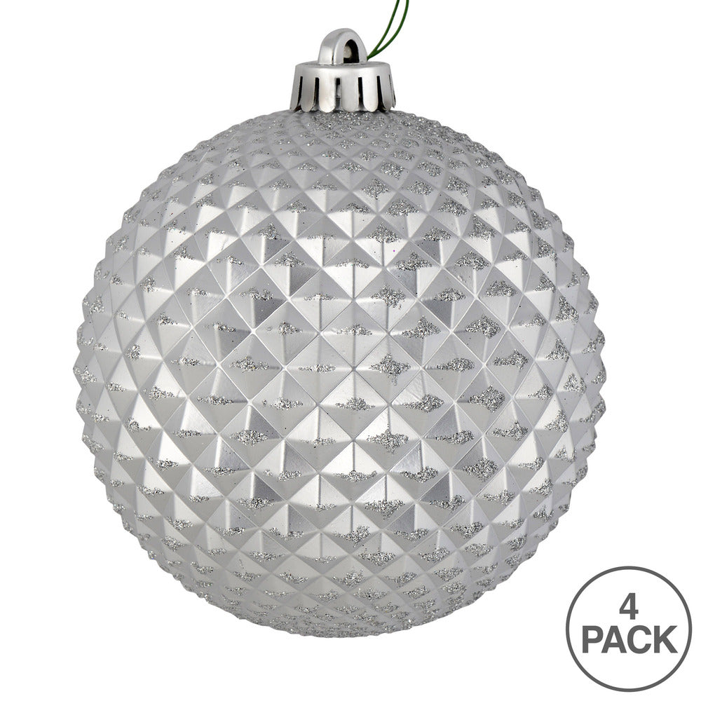 Vickerman 6" Silver Durian Glitter Ball Ornament 4 per Bag